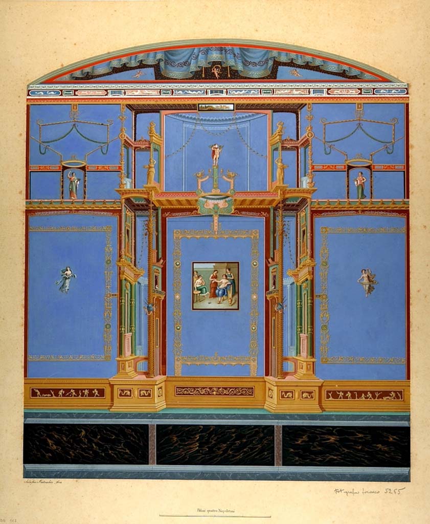VI.1.7 Pompeii. Room 19. Mid-19th century watercolour by Serafino Mastracchio showing the east wall.
The painting depicts a painted wall decoration with a central painting depicting the dressing of a young woman.
The plinth is made up of dark marble slabs.
The median area has three light blue panels: the two side panels, edged with golden plant interweaving, have a female figurine in flight in the centre.
The central panel, framed by articulated architectural scenes, shows in the centre a painting with the dressing table of a woman helped by two maids, while two others are placed on the left side.
The upper register, again with a blue background, is decorated with human figures within slender architectural wings.
An embroidered curtain and cupids decorate the lunette closing the composition at the top.
Now in Naples Archaeological Museum. Inventory number ADS 117.
Photo © ICCD. https://www.catalogo.beniculturali.it
Utilizzabili alle condizioni della licenza Attribuzione - Non commerciale - Condividi allo stesso modo 2.5 Italia (CC BY-NC-SA 2.5 IT)