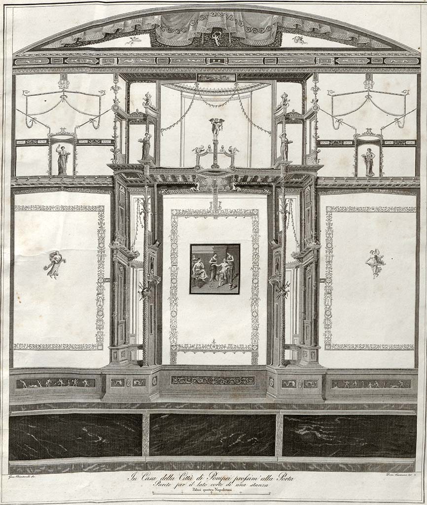VI.1.7 Pompeii. Early 19th century (before 1808) painting by Giuseppe Chiantarelli of the east wall.
It is described as “Una Dama Romana alla toilette.
Parete molto importante si pel soggetto, che per gli eleganti ornati architettonici, che la decorano: appartiene alla casa detta del Salve, incisa dal Casanova (Domenico)”.
See Gli ornati delle pareti ed i pavimenti delle stanze dell'antica Pompei incisi in rame: 1838, p. 3, pl. 2.
