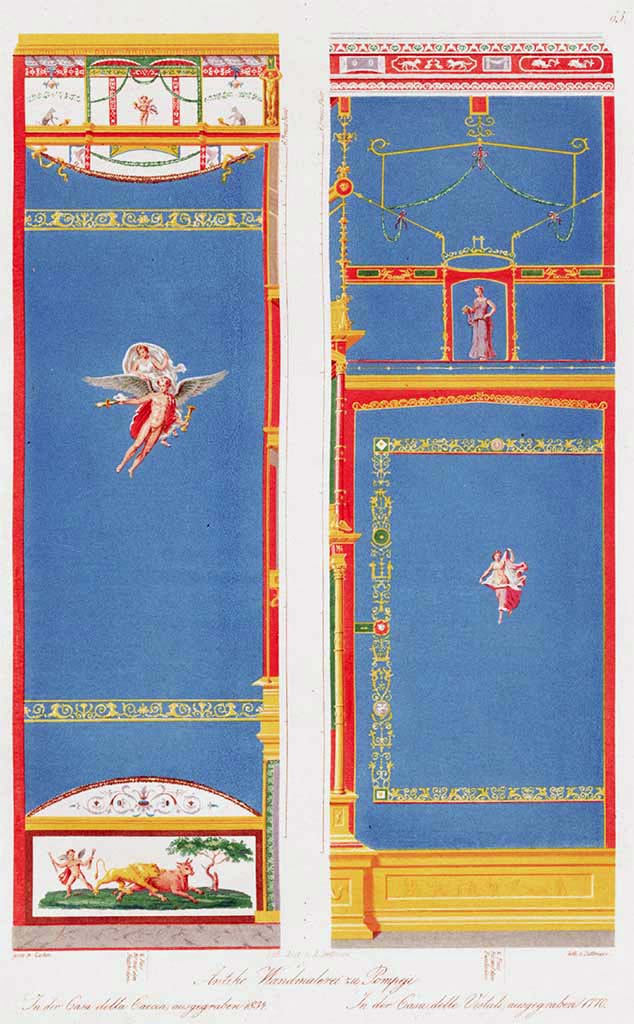 VI.1.7 Pompeii, on right. Pre-1849. Painting on right by Zahn is of fragment of wall of room 19.
On the left is part of a wall in the tablinum of VII.4.48.
See Zahn W., 1849. Ornamente aller klassischen Kunst-Epochen nach den Originalen in ihren eigenthümlichen Farben. Berlin: Reimer, Taf. 63.