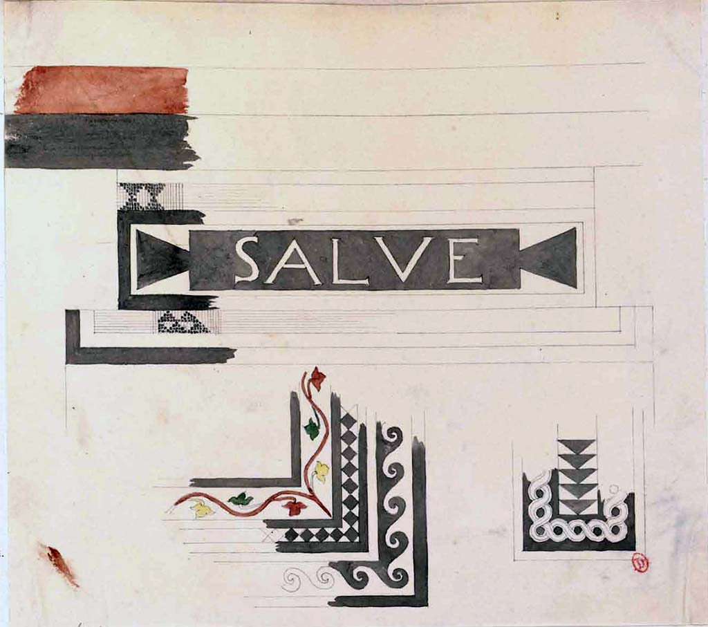 VI.1.7/25 Pompeii. 1826. Sketches of details of mosaics from the entrance and atrium of the House of Salve.
See Poirot, P. A., 1826. Carnets de dessins de Pierre-Achille Poirot. Tome 2 : Pompeia, pl. 73.
See Book on INHA Document placé sous « Licence Ouverte / Open Licence » Etalab
