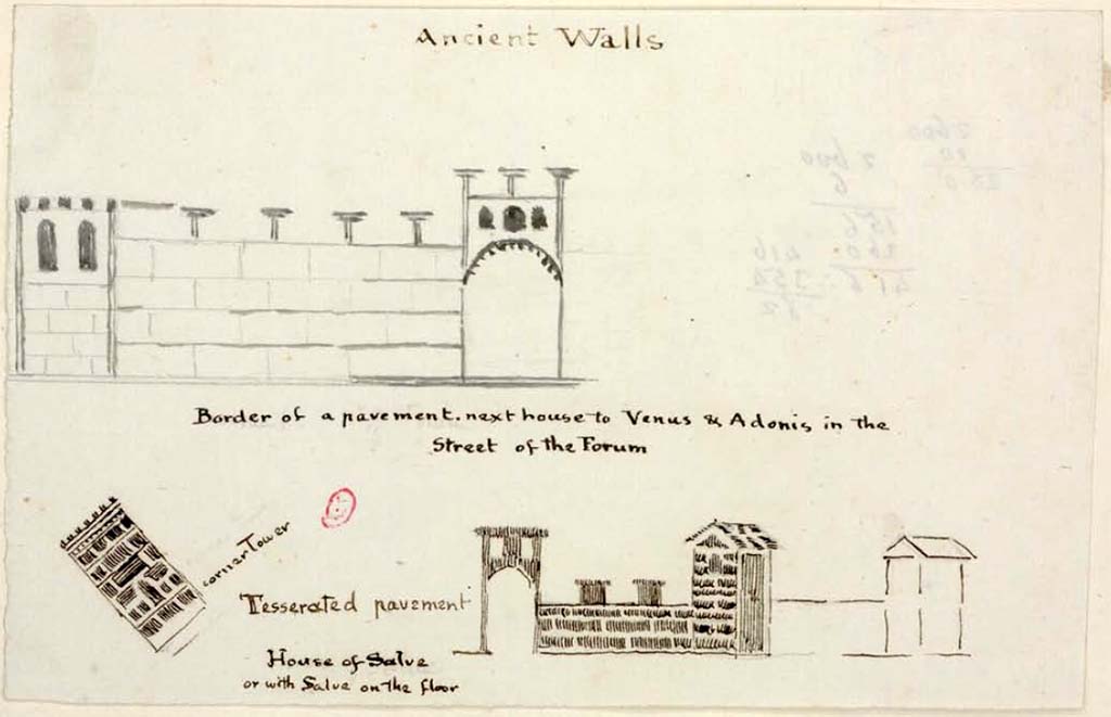 VI.1.7/25 Pompeii. Between 1819 and 1832 sketch by Gell of tesserated pavement in the House of Salve.
The lower sketch would appear to show a floor in the "House of Salve, or with Salve on the floor".
The upper sketch is from VIII.3.8, the floor mosaic in the atrium.
See Gell, W. Pompeii unpublished [Dessins de l'�dition de 1832 donnant le r�sultat des fouilles post 1819 (?)] vol II, pl. 43.
Biblioth�que de l'Institut National d'Histoire de l'Art, collections Jacques Doucet, Identifiant num�rique Num MS180 (2).
See book in INHA Use Etalab Licence Ouverte

