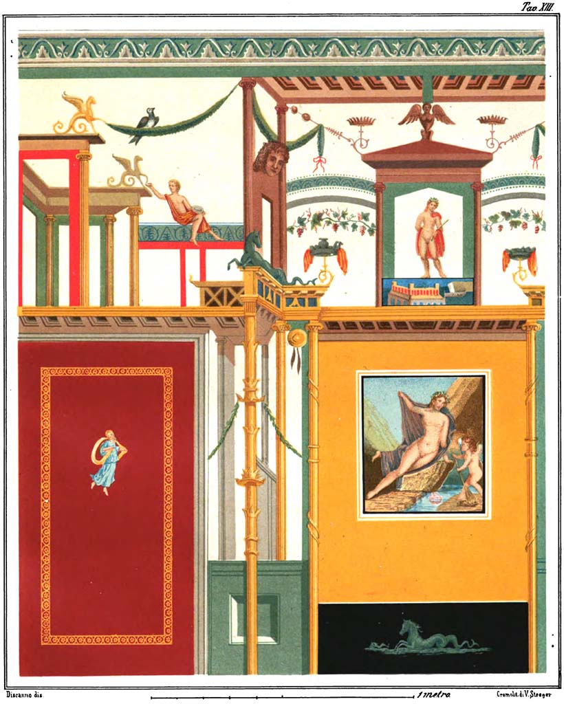 VI.1.7 Pompeii. 1877. Painting by Discanno of Parete di Narciso (Wall of Narcissus), engraved by Vittorio Steeger.
According to Presuhn “This was seen and painted in the National Museum at Naples.
Its provenance is uncertain. Helbig believed that it was found in 1770 in the house at VI.1.7.”
See Steeger V., 1877. Le più belle pareti di Pompei. Torino: Loescher. Fasc. II, p.6, Tav. III.