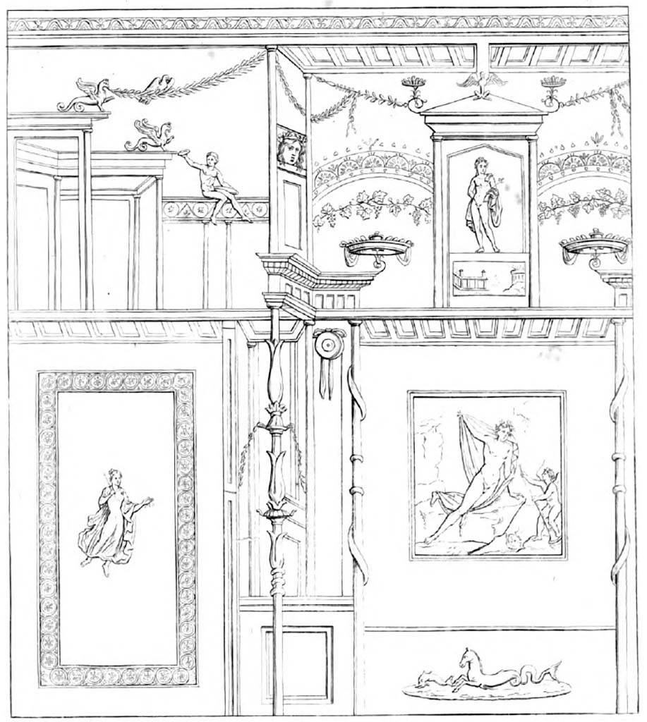 VI.1.7 Pompeii. Pre-1859. Drawing by Abbate of wall of Narcissus.
See Raccolta de più interessante Dipinture e di più belle Musaici rinvenuti negli Scavi di Ercolano, di Pompei, e di Stabia. 1859. Napoli, tav. 77.