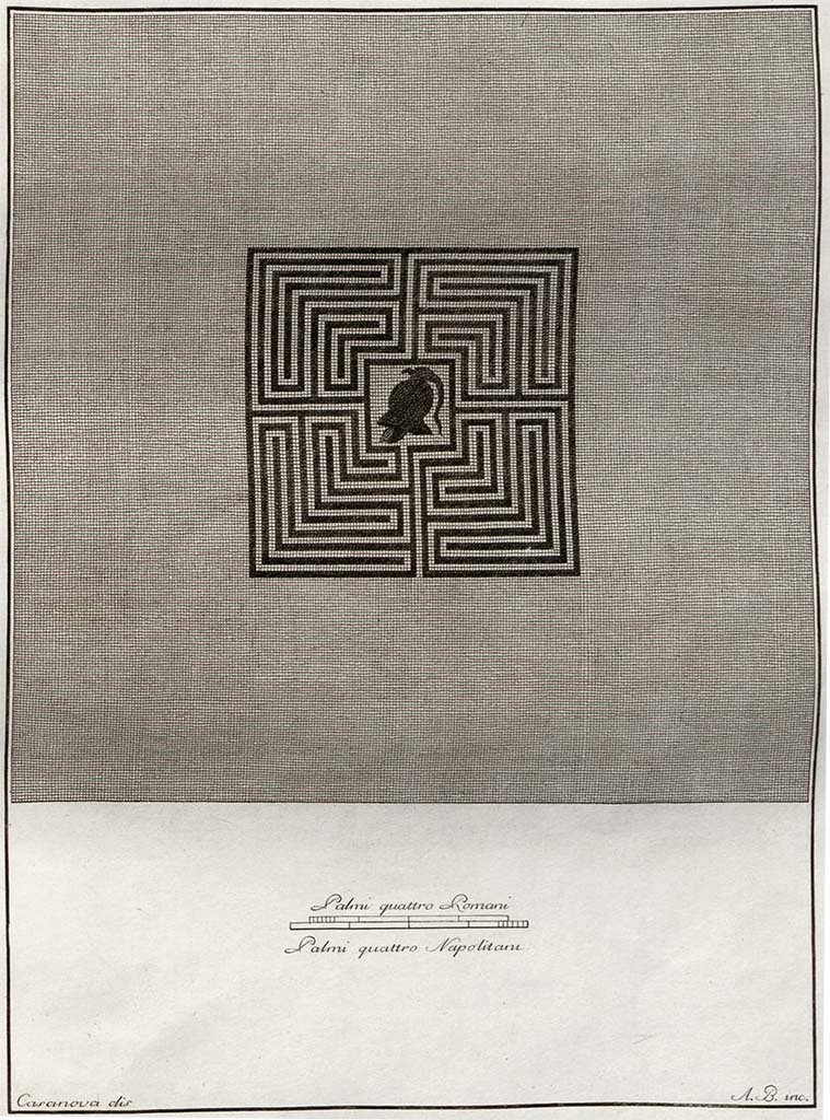 VI.1.7 Pompeii. Labyrinth mosaic with helmet in the centre.
Found 23rd February 1786 in one of the rooms around the atrium 30.
The walls are painted, that is, the zoccolo with red bands and green garlands, the middle is green with white bands and a few small paintings and views.
See Fiorelli G., 1860. Pompeianarum antiquitatum historia, Vol. 1: 1748 - 1818, Naples, 2, p. 29.
See Carratelli, G. P., 1990-2003. Pompei: Pitture e Mosaici. Roma: Istituto della enciclopedia italiana, Vol. IV, p. 48-9, Fig. 87.
See Gli ornati delle pareti ed i pavimenti delle stanze dell'antica Pompei incisi in rame: 1838, mosaics pl. unnumbered.