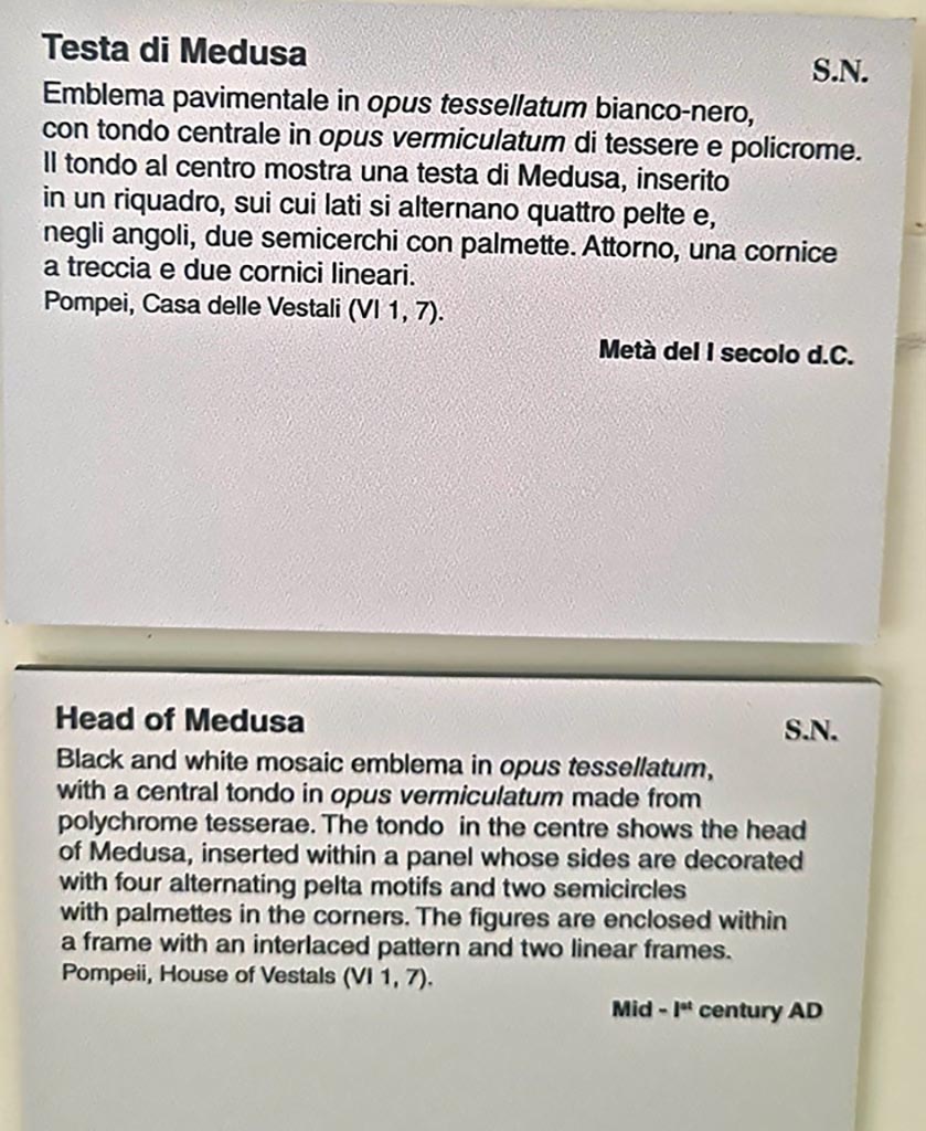 VI.1.7 Pompeii. September 2024.
Information card from Naples Archaeological Museum. Photo courtesy of Giuseppe Ciaramella.