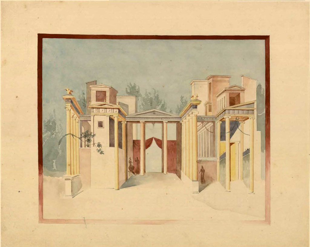 VI.1.7 Pompeii. Between 1823 and 1828. Painting by Duban, presumably from this house but location unknown, as described by Gell below.
See Duban F. Album de dessins d'architecture effectués par Félix Duban pendant son pensionnat à la Villa Medicis, entre 1823 et 1828 : Tome 2, Pompéi, pl. 33.
INHA Identifiant numérique NUM PC 40425 (2)
https://bibliotheque-numerique.inha.fr/idurl/1/7157 « Licence Ouverte / Open Licence » Etalab
