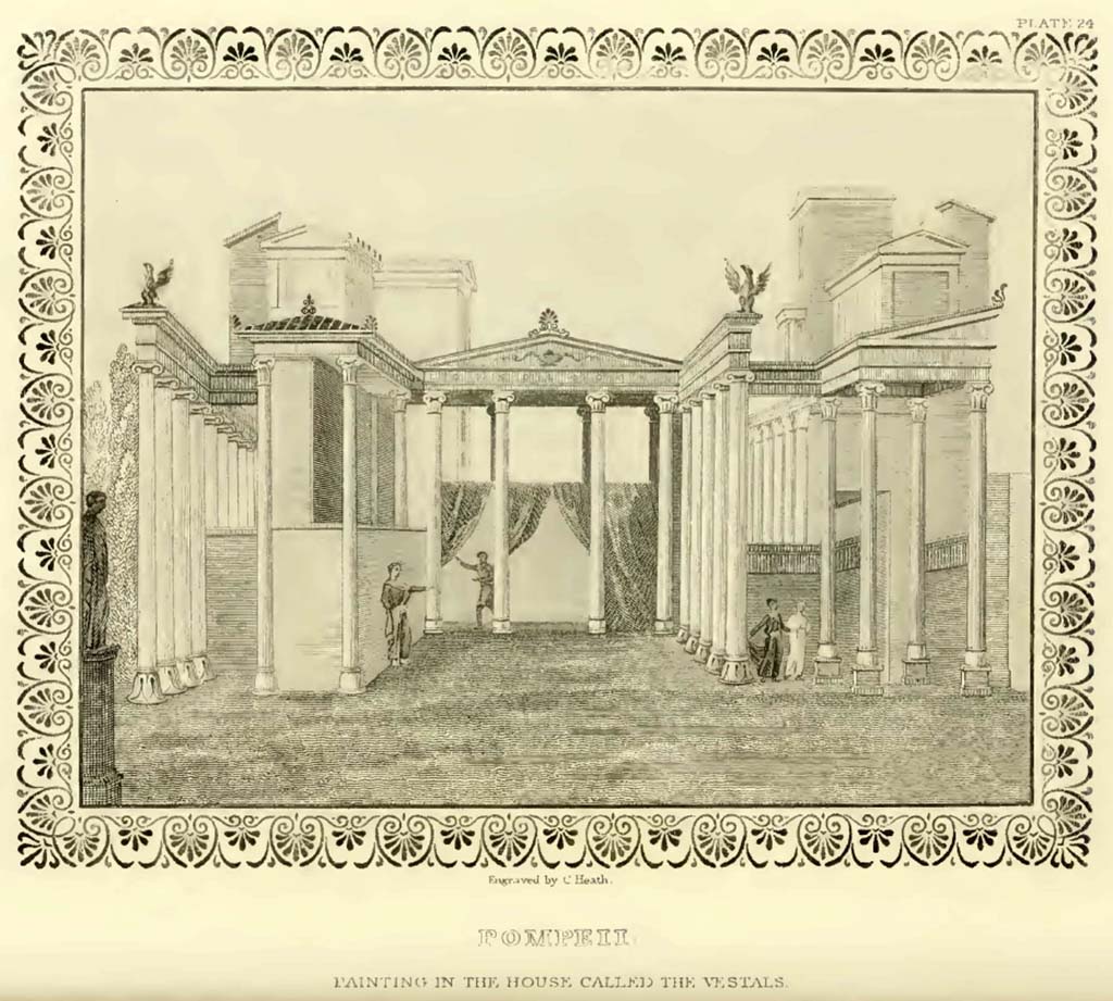 VI.1.7 Pompeii. c.1819. Painting, according to Gell, seen in the House called of the Vestals.
According to Gell –
“This probably represents a scene in a play. The artist seems to have possessed considerable knowledge of perspective, and has also displayed some acquaintance with architectural composition; but the whole is too precisely represented in the engraving.
In the original, all the ornamented parts are undetermined in form, though not in character: the figures, also, are sketches.
The border is from a room; the ground yellow, flowers alternately green and red.”
See Gell, W, and Gandy J. P., 1819. Pompeiana. London: Rodwell and Martin, Plate XXIV.
See a similar painting at VI.13.2, a wall painting of Medea and the daughters of Pelias, from the summer triclinium.
Now in Naples Archaeological Museum. Inventory number 111477.
However, VI.13.2 was only partially excavated c.1830’s, so would not appear to be the same.