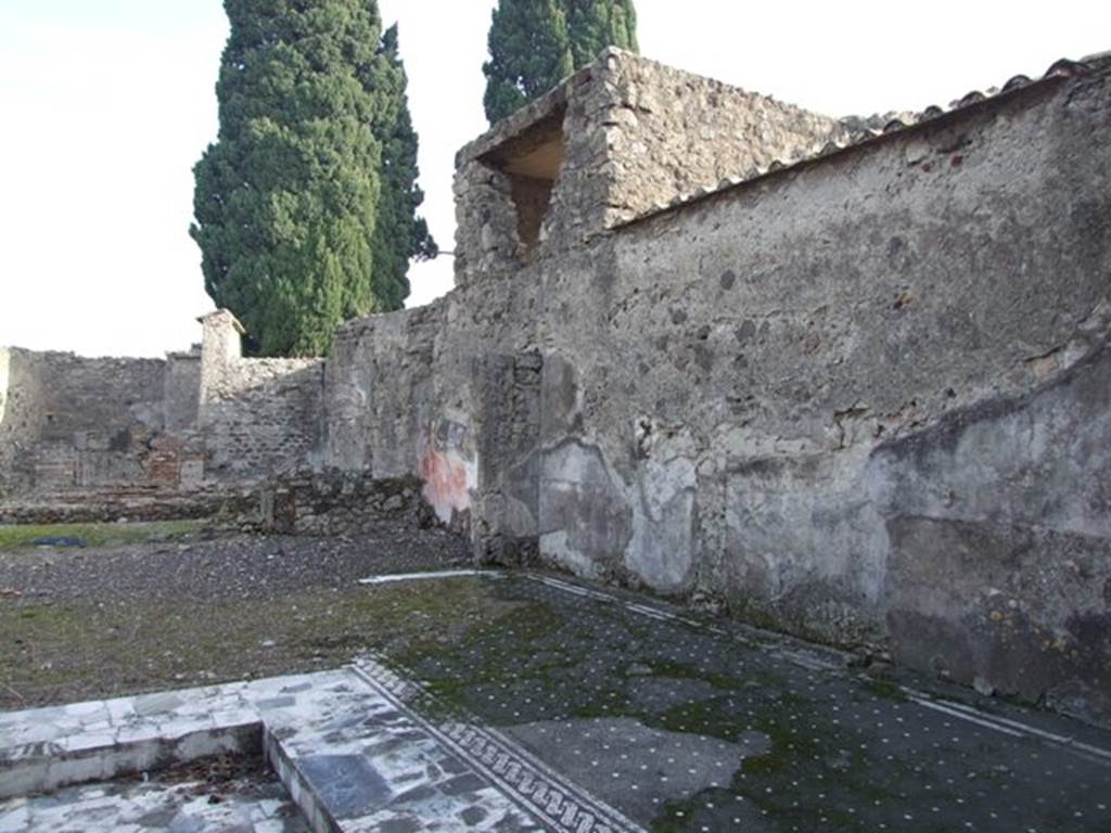 VI.1.7 Pompeii. December 2007. Mosaic floor and looking east along south wall in atrium.