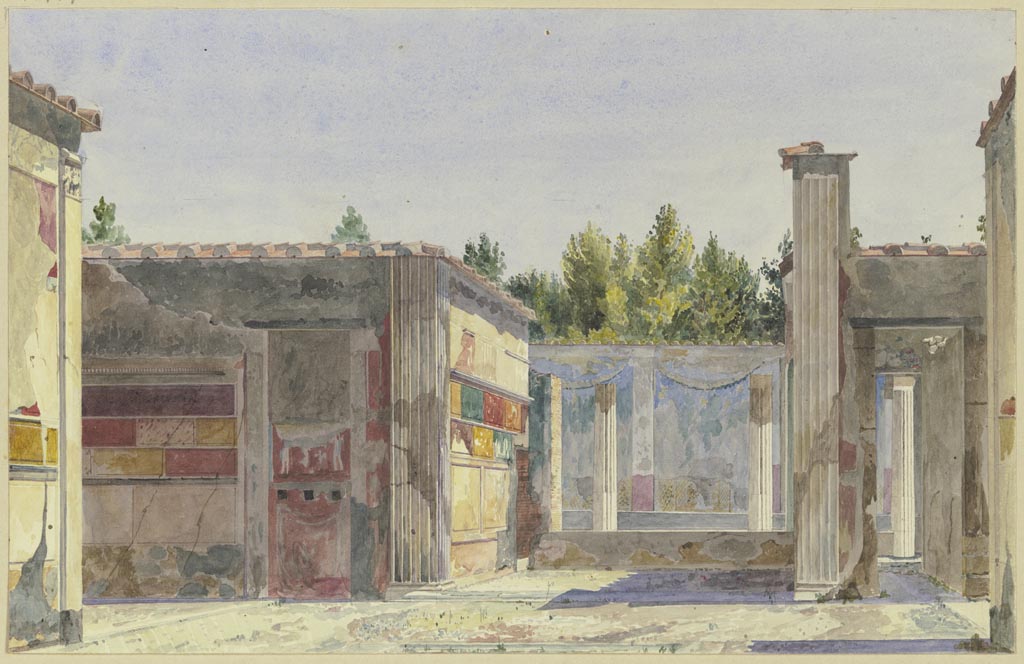VI.2.4 Pompeii. C.1850 painting by Carl Werner. “Die Casa di Sallustio und umliegende Ruinen in Pompeji”.
Note the lararium painting to the left of the tablinum.
Now in the Städel Museum, Frankfurt am Main, inventory number 13749.