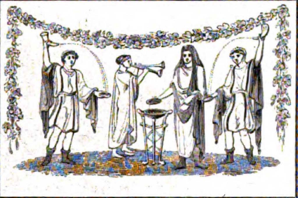 VI.2.4 Pompeii. 1852 painting, by Gell showing upper part of lararium.
According to Boyce, on the surface of a walled-up door which formerly led from the north ala into the triclinium, located on the north side of the tablinum, was a lararium painting upon a red background.
In the centre was a blazing tripod, to the right of which stood the Genius, holding a patera above the flame.
To the left of the tripod was the tibicen with his foot upon a scabellum (foot stool).
On each side stood a Lar in blue tunic and red pallium and holding rhyton and patera.
Across the top were garlands which hung down on either side.
On the lower part of the wall, was a single serpent.
Four holes in the wall below the painting indicate the position of a projecting ledge for offerings or the images of the gods.
See Boyce G. K., 1937. Corpus of the Lararia of Pompeii. Rome: MAAR 14. (p. 44, no. 139).
See Gell, W. and Gandy, J., 1852. Pompeiana: Third Edition. London: Bohn. (p. 126, pl. 31).