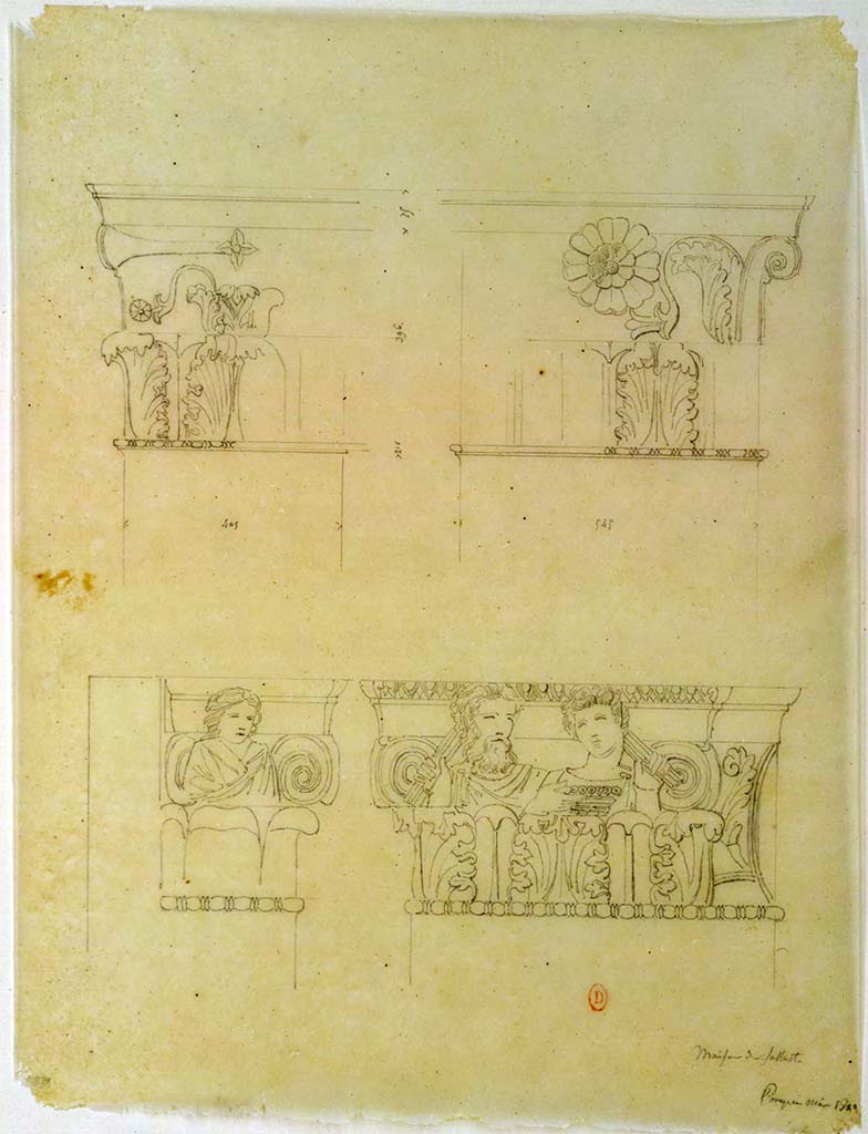 VI.2.4 Pompeii. May 1823. Sketches of capitals, at the top, they are of the capital on west side of north ala.
The lower sketches show details of the capital on the south side of the house entrance doorway.
See Chenavard, Antoine-Marie (1787-1883) et al. Voyage d'Italie, croquis Tome 3, pl. 143.
INHA Identifiant numérique : NUM MS 703 (3). See Book on INHA
Document placé sous « Licence Ouverte / Open Licence » Etalab