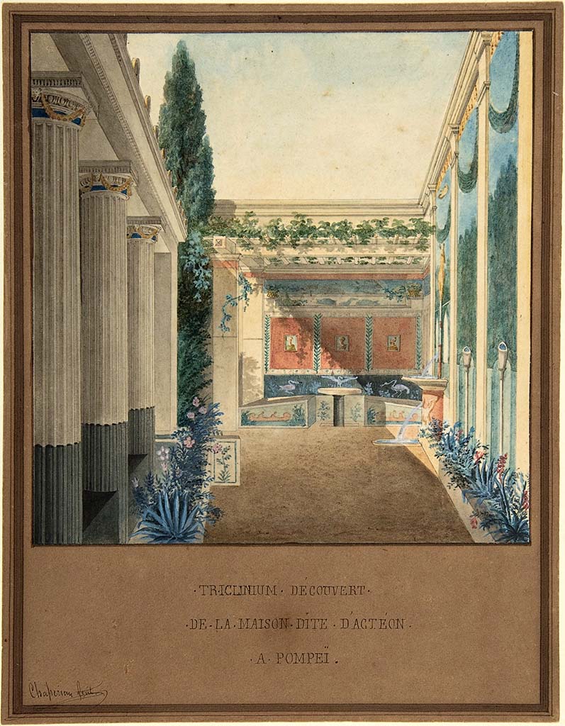 VI.2.4 Pompeii. c.1824. Triclinium, Excavated in the House of Actaeon, Pompeii painting by Charles Frédéric Chassériau (1802–1896). 
Now in the Metropolitan Museum, New York. Bequest of Harry G. Sperling, 1971. Accession Number: 1975.131.95.
