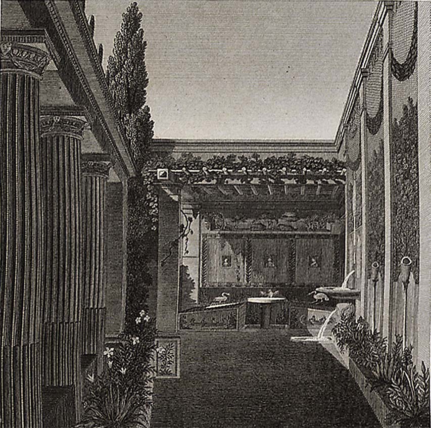 VI.2.4 Pompeii. 1824, Drawing of portico and summer triclinium.
See Mazois, F., 1824. Les Ruines de Pompei: Second Partie. Paris: Firmin Didot, (pl. 38,1).
