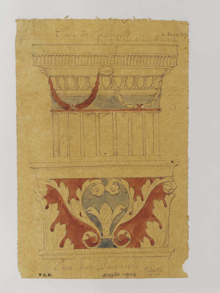 VI.2.4 Pompeii. c.1840. Painting by James William Wild, (1814-1892, artist).
Upper sketch, detail of painted stucco at top of a column in the Casa di Sallustio.
Lower sketch, from VI.10.11, Casa delle Baccanti also known as Casa del Naviglio
Photo © Victoria and Albert Museum, inventory number E.3965-1938. 
For drawings of a capital by Mazois, similar to above:
See Laidlaw, A., and Stella M. S., 2014. The House of Sallust in Pompeii (VI.2.4): JRA 98. Portsmouth Rhode Island. P. 83, fig. 2.39.
See Mazois, F., 1824. Les Ruines de Pompei : Second Partie. Paris : Firmin Didot, pl. 37, fig. 2.
