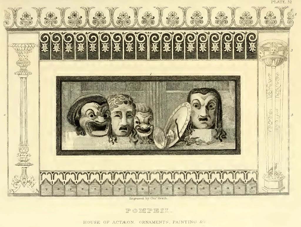VI.2.4 Pompeii. Painting of ornamental masks from the south-west corner of room on north side of tablinum.
He said “the surrounding ornaments are copied from various parts of the house; the lower (6) is red and blue, upon grounds of pink and white.
See Gell, W, and Gandy J. P., 1819. Pompeiana. London: Rodwell and Martin, plate XXXII.