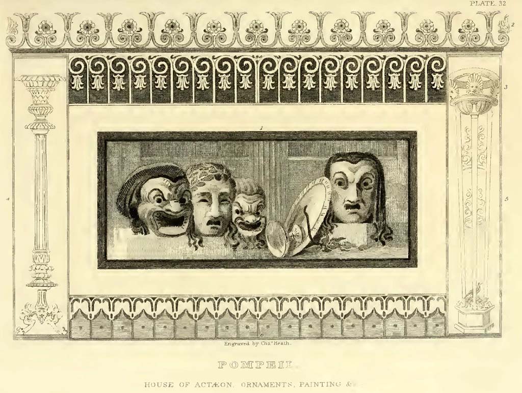 VI.2.4 Pompeii. Painting of ornamental masks from the south-west corner of room on north side of tablinum.
He said the surrounding ornaments are copied from various parts of the house; the lower (6) is red and blue, upon grounds of pink and white.
See Gell, W, and Gandy J. P., 1819. Pompeiana. London: Rodwell and Martin, plate XXXII.
