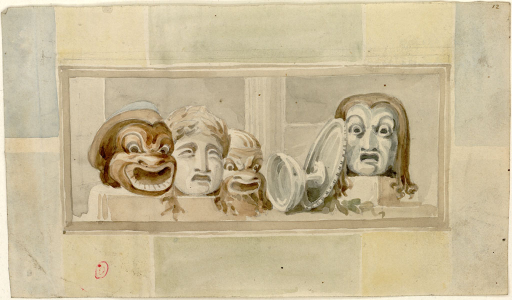 VI.2.4 Pompeii. c.1819 sketch by W. Gell of painting of masks from the south-west corner of room on north side of tablinum.
See Gell W & Gandy, J.P: Pompeii published 1819 [Dessins publis dans l'ouvrage de Sir William Gell et John P. Gandy, Pompeiana: the topography, edifices and ornaments of Pompei, 1817-1819], p. 57.
See book in Bibliothque de l'Institut National d'Histoire de l'Art [France], collections Jacques Doucet Gell Dessins 1817-1819
Use Etalab Open Licence ou Etalab Licence Ouverte
