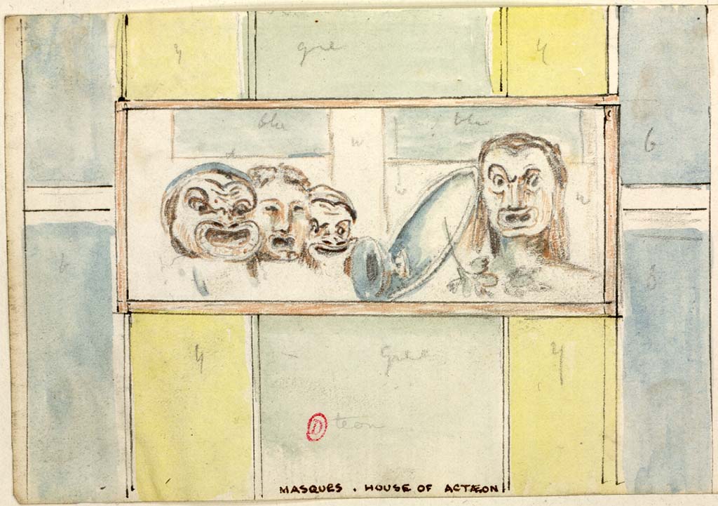 VI.2.4 Pompeii. c.1819 preliminary sketch by W. Gell of painting of masks from the south-west corner of room on north side of tablinum.
See Gell W & Gandy, J.P: Pompeii published 1819 [Dessins publis dans l'ouvrage de Sir William Gell et John P. Gandy, Pompeiana: the topography, edifices and ornaments of Pompei, 1817-1819], pl. 50.
See book in Bibliothque de l'Institut National d'Histoire de l'Art [France], collections Jacques Doucet Gell Dessins 1817-1819
Use Etalab Open Licence ou Etalab Licence Ouverte

