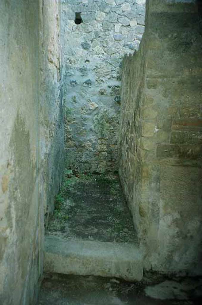 VI.2.4 Pompeii. June 2010. Rebuilt walled stairwell for the wooden stair. According to Anne Laidlaw, this used to have sockets that were the only evidence left for the wooden stair leading up from the exterior of the last cubiculum on the left of the atrium into the upper floor of that room. These have now been lost in the rebuilding. Photo courtesy of Rick Bauer.