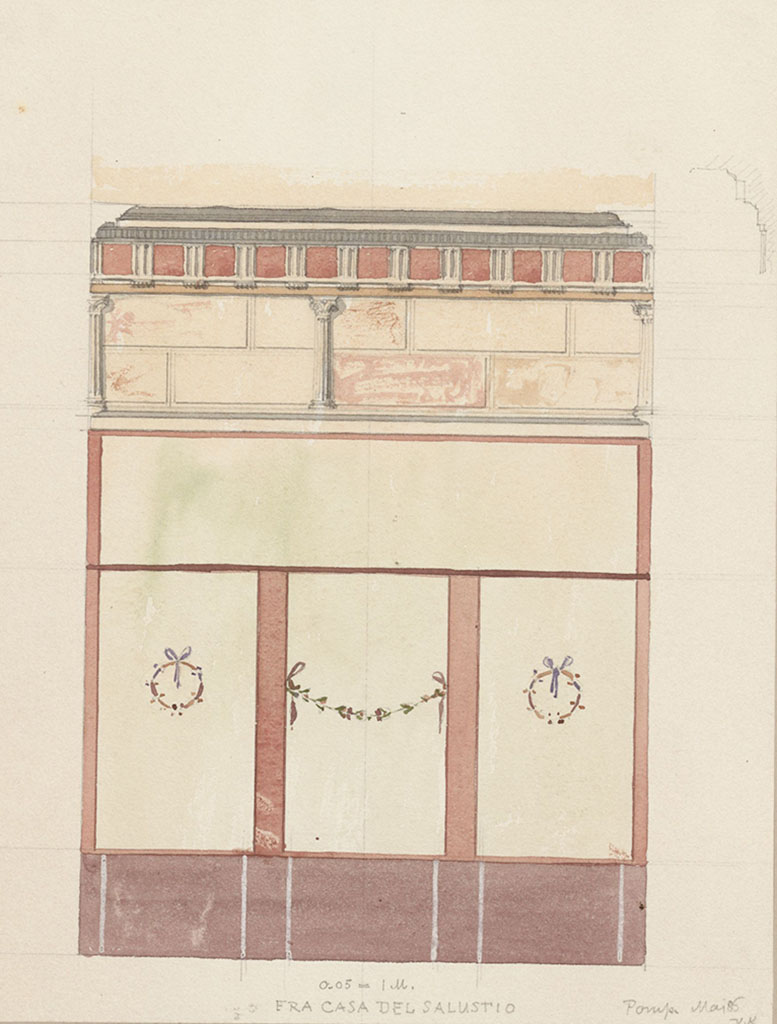 VI.2.4 Pompeii. May 1885. Painting by Otto Valdemar Koch (1852-1902) of east wall of cubiculum on south side of atrium. 
Photo  Danmarks Kunstbibliotek, inventory number ark_17621a.

