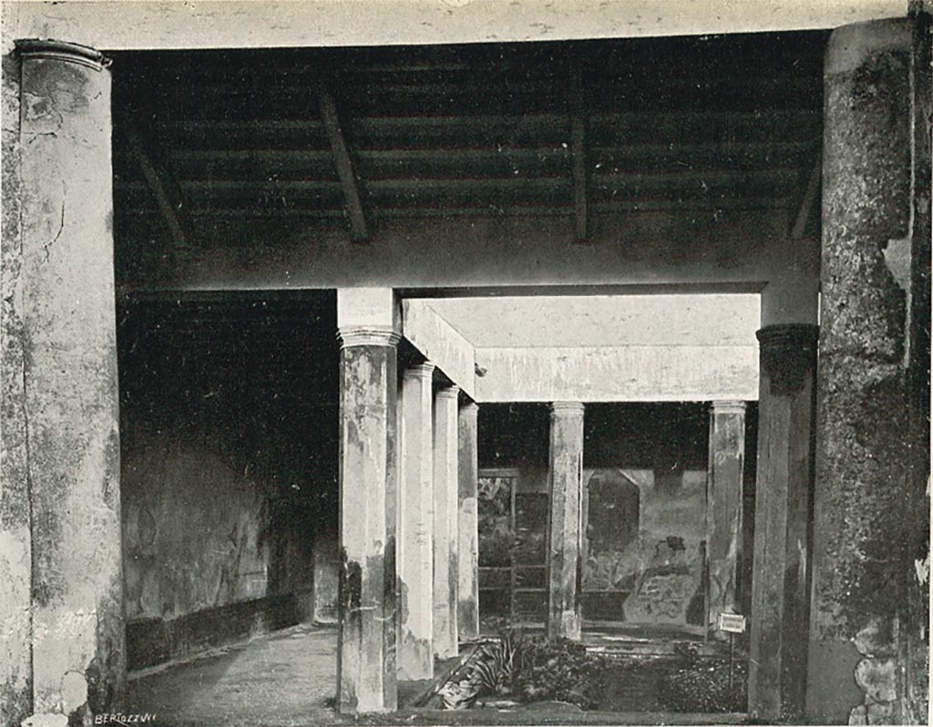 VI.2.4 Pompeii. c.1908-1909. Looking east across small garden area/peristyle from doorway of large triclinium.
According to Sogliano –
The above photo, fig. 4, shows the north and east sides of the peristyle, looking from the west side.
See Sogliano, A. (1909). Dei lavori eseguiti in Pompei dal i Luglio 1908 a tutto Giugno 1909, (fig.4, p.18/19).