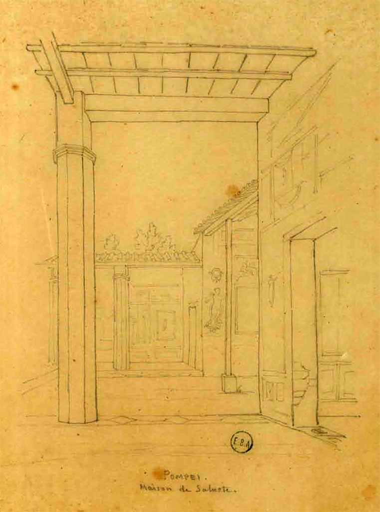 VI.2.4 Pompeii. Sketch by Jean-Baptiste Ciceron Lesueur.
Looking east from portico outside of cubiculum in south-west corner of garden area, towards doorway of room in south-east corner.
See Lesueur, Jean-Baptiste Ciceron. Voyage en Italie de Jean-Baptiste Ciceron Lesueur (1794-1883), pl. 17.
See Book on INHA reference INHA NUM PC 15469 (04) « Licence Ouverte / Open Licence » Etalab