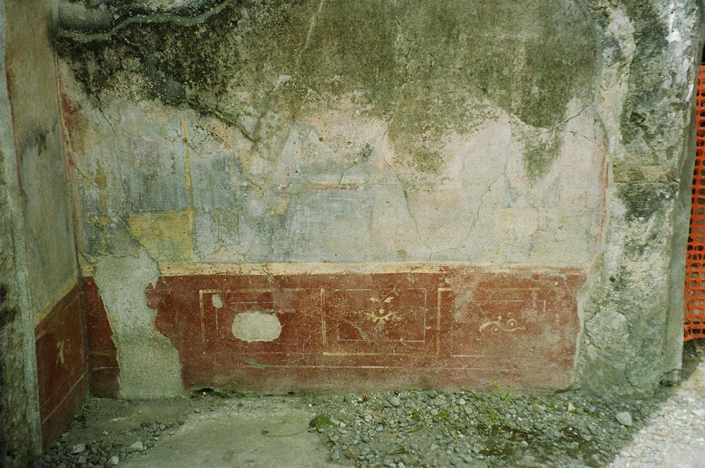 VI.2.4 Pompeii. June 2010.
Painted plaster on west wall in south-west corner between the diaeta and the triclinium. Photo courtesy of Rick Bauer.