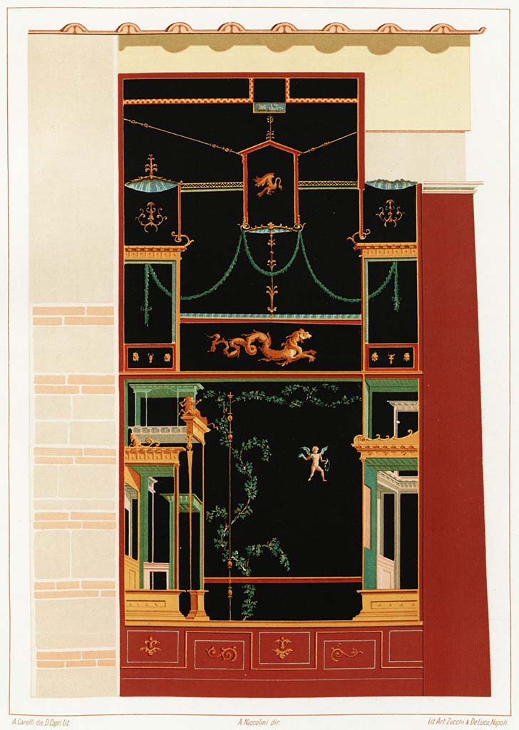 VI.2.4 Pompeii.1890 painting from Niccolini of west wall between the diaeta and the triclinium.
Secondo Niccolini: PITTURA MURALE. Riproduciamo in questa tavola una importante parete a fondo nero scavata al principio del secolo.
Di questo grazioso dipinto non resta a Pompei vestigio alcuno e ci è dato di poterlo riprodurre solo perchè conserviamo nei nostri cartoni la copia originale fatta da valente artista dell' epoca.
According to Niccolini: WALL PAINTING. We reproduce in this table an important black-ground wall excavated at the start of the century.
Of this graceful painting no vestige remains in Pompeii and we can reproduce it only because we preserve our cartons the original copy made by the valiant artist of that era.
See Niccolini F, 1890. Le case ed i monumenti di Pompei: Volume Terzo. Napoli, L’Arte in Pompei, p. XXXIV, pl. LIII.