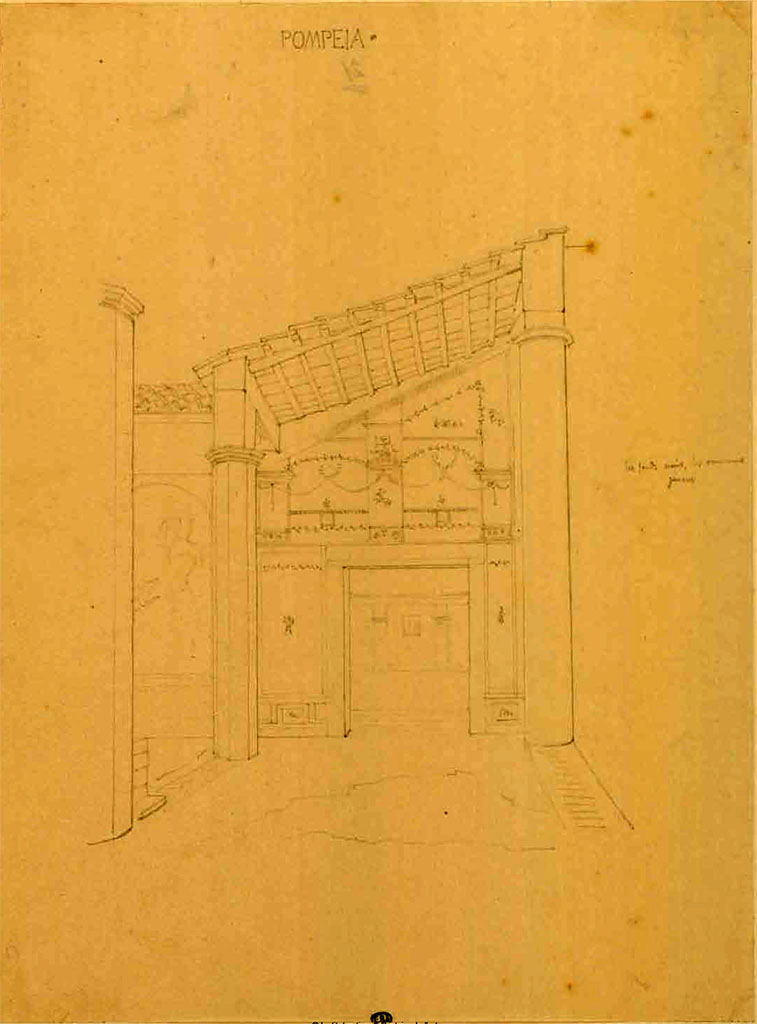 VI.2.4 Pompeii. Between 1823 and 1828, sketch by F. Duban.
Looking south across west portico towards doorway to diaeta/cubiculum on south wall in south-west corner of garden apartment.
See Duban F. Album de dessins d'architecture effectués par Félix Duban pendant son pensionnat à la Villa Medicis, entre 1823 et 1828: Tome 2, Pompéi, pl. 29.
INHA Identifiant numérique NUM PC 40425 (2)
https://bibliotheque-numerique.inha.fr/idurl/1/7157 « Licence Ouverte / Open Licence » Etalab