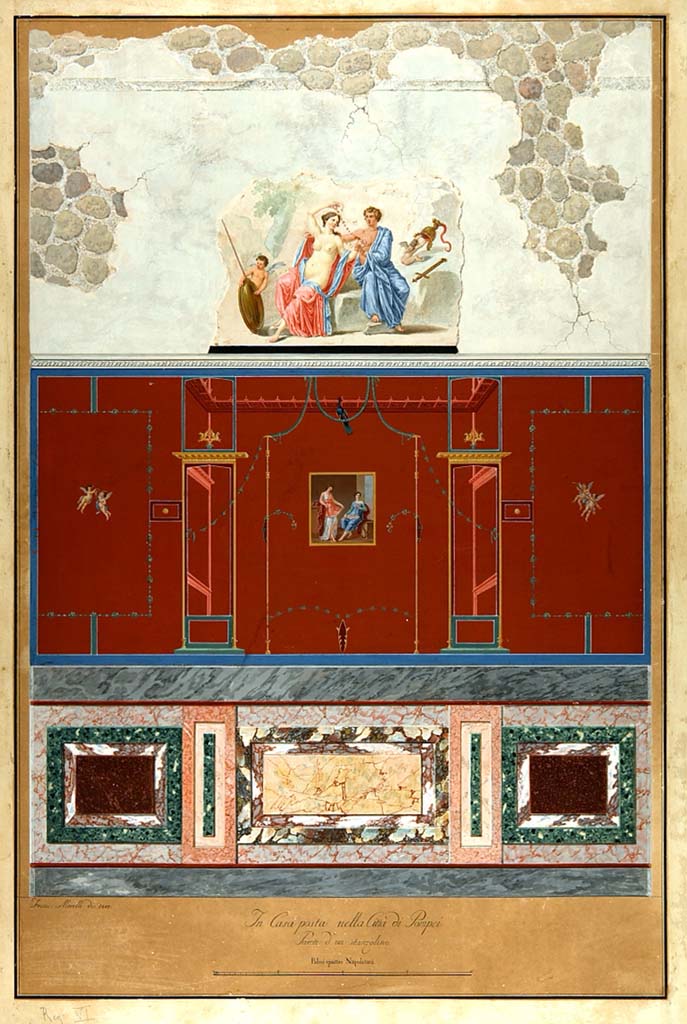VI.2.4 Pompeii. 1807 painting by F. Morelli of south wall in diaeta in south-west corner of garden apartment.
Now in Naples Archaeological Museum. Inventory number ADS126.
Photo © ICCD. http://www.catalogo.beniculturali.it
Utilizzabili alle condizioni della licenza Attribuzione - Non commerciale - Condividi allo stesso modo 2.5 Italia (CC BY-NC-SA 2.5 IT)
