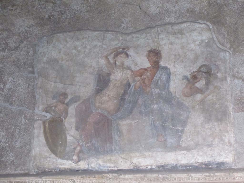 VI.2.4 Pompeii. April 2012.
South wall of cubiculum in the south-west corner of small garden. Painting of Ares and Aphrodite. Photo courtesy of Marina Fuxa.
See Helbig, W., 1868. Wandgemälde der vom Vesuv verschütteten Städte Campaniens. Leipzig: Breitkopf und Härtel. (319).