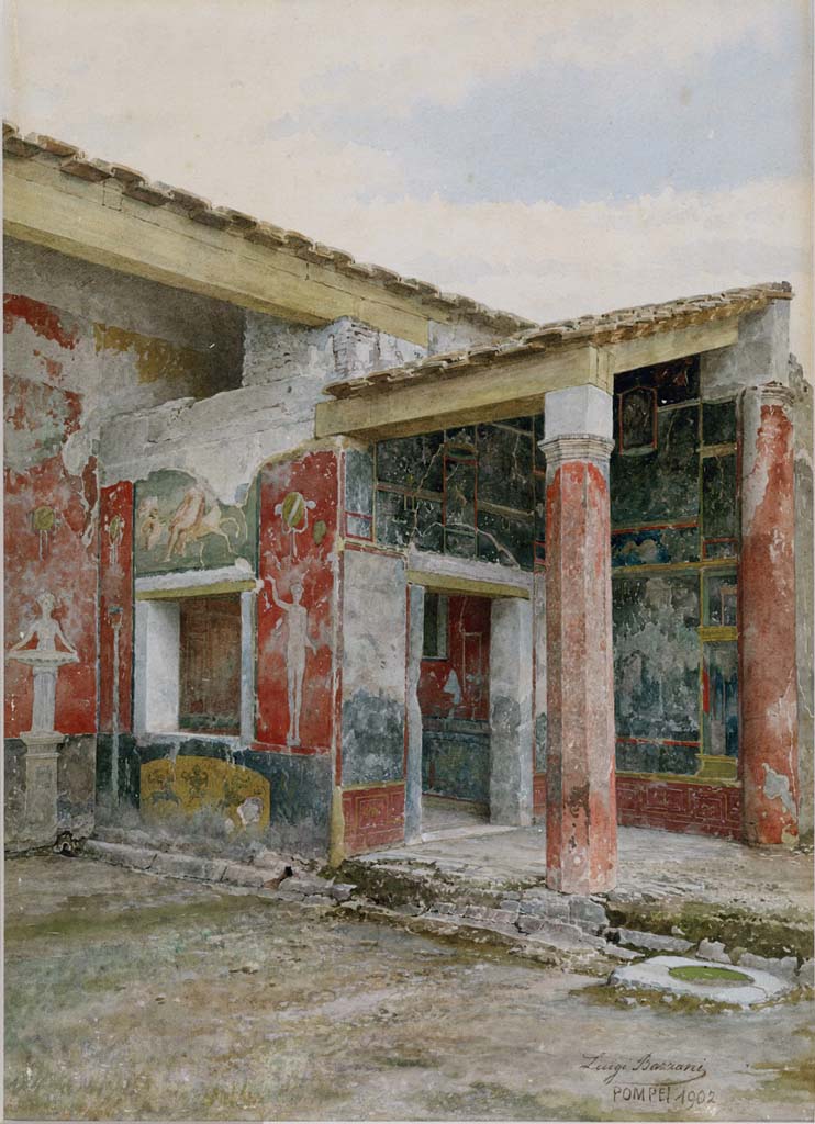 VI.2.4 Pompeii. 1902. Watercolour by Luigi Bazzani. Looking towards room in south-west corner of garden area.
Now in Naples Archaeological Museum, inv. no. 139439