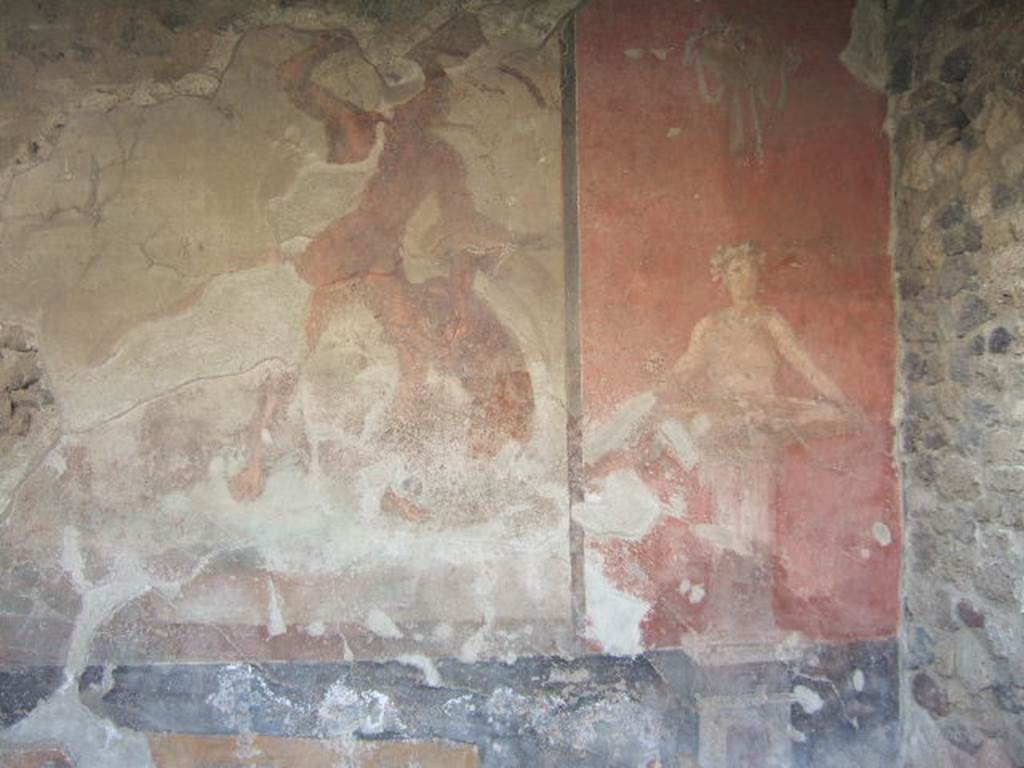 VI.2.4 Pompeii. May 2006. Wall painting of Acteon on south wall of small garden.  On the right is a nymph in guise of a statue holding a fountain bowl in her hand. See Garcia y Garcia, L., 2006. Danni di guerra a Pompei. Rome: LErma di Bretschneider. (p.70, T:121).

