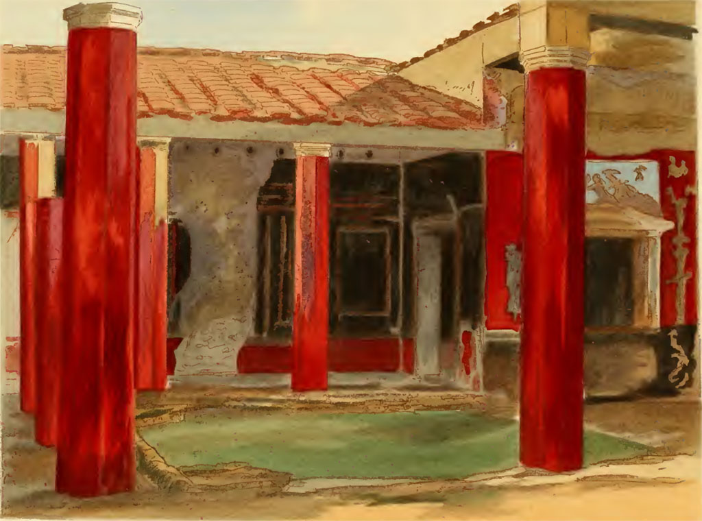 VI.2.4 Pompeii. Undated painting by Pierre Gusman. Looking towards east side of peristyle garden.
(I. Peristylium de la maison de Salluste. Le péristyle à droite, est fermé, sur son quatrième côté, par une salle dont la muraille de fond est ornée d'une peinture représentant Diane et Actéon. Premier style (Région VI, 2, 4).
See Gusman P., 1924. La Décoration Murale de Pompei. Paris : Morancé, pl. I.