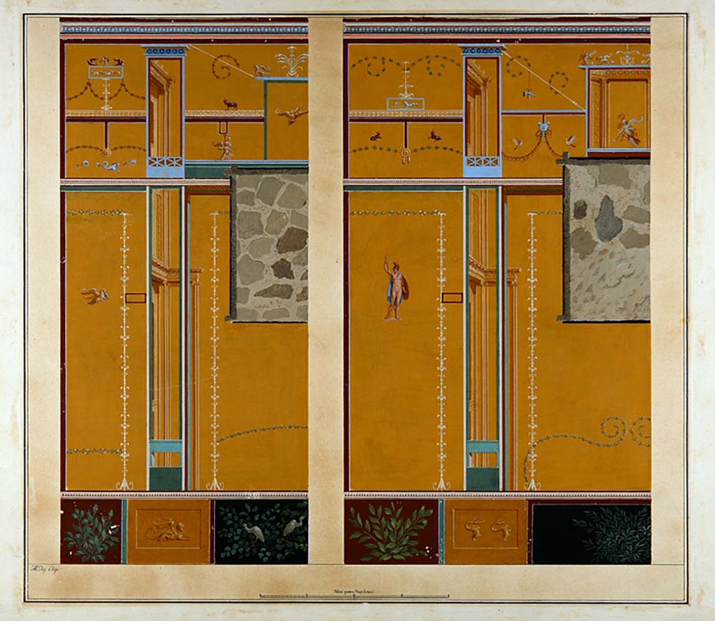 VI.2.4 Pompeii. C.1805 painting by F. Morelli of back and left walls in diaeta, now destroyed, in south-east corner of garden apartment.
Now in Naples Archaeological Museum. Inventory number ADS 125.
Photo © ICCD. https://www.catalogo.beniculturali.it
Utilizzabili alle condizioni della licenza Attribuzione - Non commerciale - Condividi allo stesso modo 2.5 Italia (CC BY-NC-SA 2.5 IT)