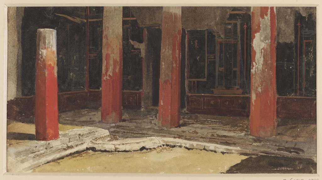 VI.2.4 Pompeii. Undated watercolour, by Luigi Bazzani, looking towards north-east corner of the peristyle of the women's apartments. 
Photo  Victoria and Albert Museum. Inventory number 2054-1900.
