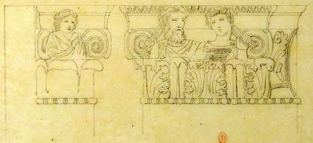 VI.2.4 Pompeii. May 1823. Enlargement of sketch by Chenavard of capital from south side of entrance doorway.
See Chenavard, Antoine-Marie (1787-1883) et al. Voyage d'Italie, croquis Tome 3, pl. 143 (detail).
INHA Identifiant numérique : NUM MS 703 (3). See Book on INHA 
Document placé sous « Licence Ouverte / Open Licence » Etalab   
