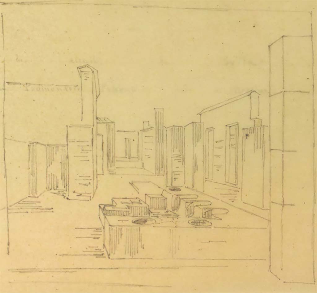 VI.2.5 Pompeii. May 1823 drawing by Chenavard. Looking east towards entrance to bar, and atrium of VI.2.4 at the rear of the bar.
See Chenavard, Antoine-Marie (1787-1883) et al. Voyage d'Italie, croquis Tome 3, pl. 145.
INHA Identifiant numérique : NUM MS 703 (3). See Book on INHA
Document placé sous « Licence Ouverte / Open Licence » Etalab