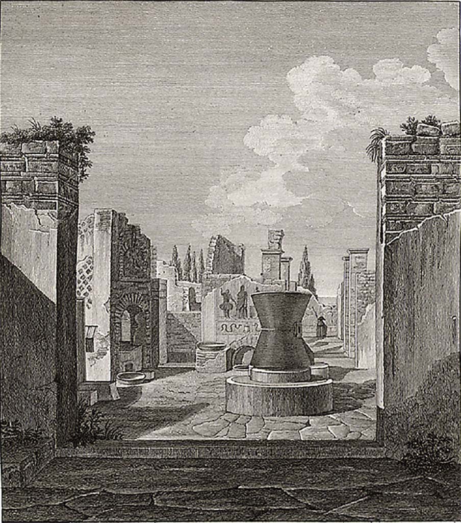 VI.3.3 Pompeii. Mazois sketch of house and bakery with lararium painting.
See Mazois, F., 1824. Les Ruines de Pompei : Second Partie. Paris: Firmin Didot, Tav. XIX fig. 1.