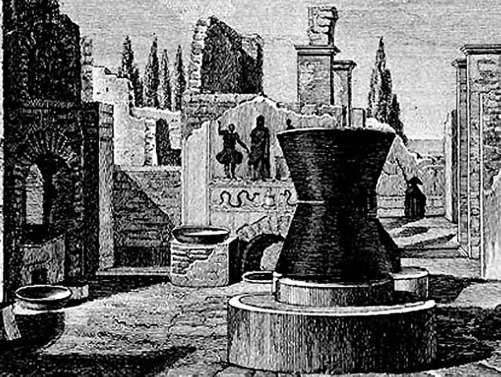 VI.3.3 Pompeii. Old sketch of lararium painting. In the middle of the lararium is a painted round altar.
To the left of the altar is the goddess Fornax (as identified by Mazois) in a long robe.
Fornax was the goddess of bread and baking. On the left of the goddess is Lar.
In the right half, which is obscured by the mill, was possibly Vesta with another Lar on the outside.
In the lower zone are two serpents approaching a round altar, one from each side.
See Fröhlich, T., 1991. Lararien und Fassadenbilder in den Vesuvstädten. Mainz: von Zabern. (L59).
See Mazois, F., 1824. Les Ruines de Pompei: Second Partie. Paris: Firmin Didot, Tav. XIX fig. 1.