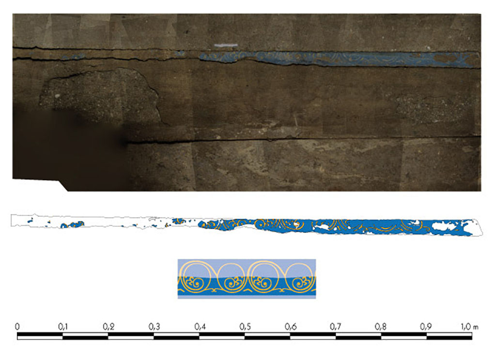 Fig. 7 - Pompéi Pistrina. Empreinte de la décoration d’un probable encadrement de porte, découvert dans la cave sous-jacente au four de la boulangerie VI 3, 3.27-28.
De haut en bas : photogrammétrie tridimensionnelle ; interprétation de la photogrammétrie ; hypothèse de restitution du rinceau d’acanthe. Les zones plus claires sont intégralement restituées, le dessin des autres est fondé sur les vestiges de décoration observés.
N. Dell’Unto / Lund University ; DAO N. Monteix.