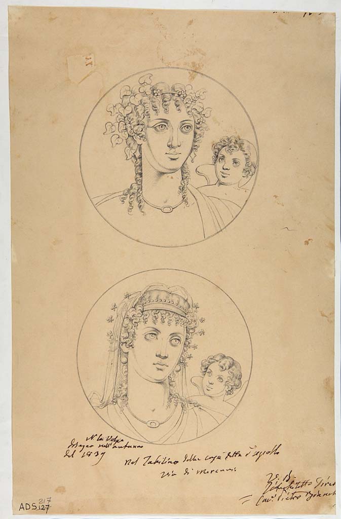 VI.7.23 Pompeii. Pen and ink drawings by N. La Volpe, Autumn 1839, of two medallions from tablinum showing female head with cupids standing behind them.
These may represent the Seasons; the upper one may represent Spring and can be seen on the east end of the south wall.
The lower female head may represent Winter, but it cannot be accurately located as the medallions have now faded and become unrecognisable.
They both have the same necklace but different earrings. These possibly would have both been seen on the south wall.
Now in Naples Archaeological Museum. Inventory number ADS 217.
Photo © ICCD. http://www.catalogo.beniculturali.it
Utilizzabili alle condizioni della licenza Attribuzione - Non commerciale - Condividi allo stesso modo 2.5 Italia (CC BY-NC-SA 2.5 IT)