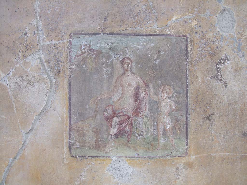VI.7.23 Pompeii. December 2006. Wall painting from centre panel of south wall of tablinum.
Identified by Helbig as of Aphrodite and Eros.
Identified by Schefold as Aphrodite glimpses the wounded Adonis.
See Helbig, W., 1868. Wandgemälde der vom Vesuv verschütteten Städte Campaniens. Leipzig: Breitkopf und Härtel. (305).
See Schefold, K., 1962. Vergessenes Pompeji. Bern: Francke. (T. 172,3).
According to Bragantini, the painting of Aphrodite was to be found on the north wall of the tablinum.
See Bragantini, de Vos, Badoni, 1983. Pitture e Pavimenti di Pompei, Parte 2. Rome: ICCD. (p.159-60)