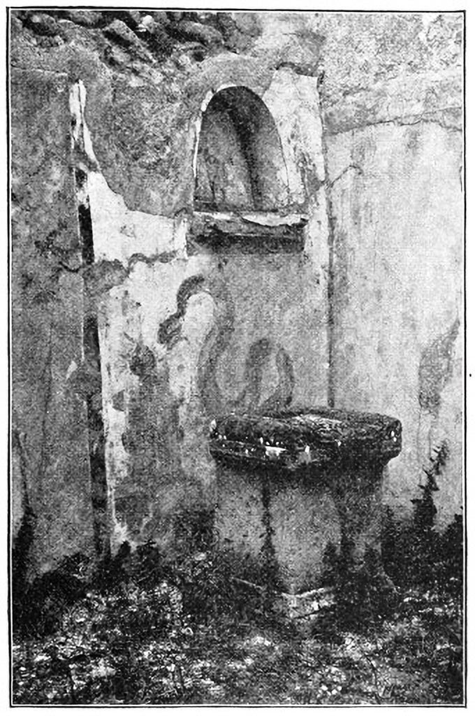 VI.7.23 Pompeii. c.1890s. Kitchen, north wall with niche and painting of serpent.
See Mau, A., 1899, translated by Kelsey F. W. Pompeii: Its Life and Art. New York: Macmillan, p. 263, fig. 121.