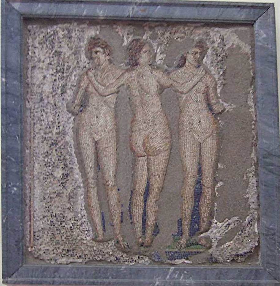 VI.7.23 Pompeii. May 2006. Mosaic of the Three Graces from the garden wall.
Now in Naples Archaeological Museum. Inventory number 10004.