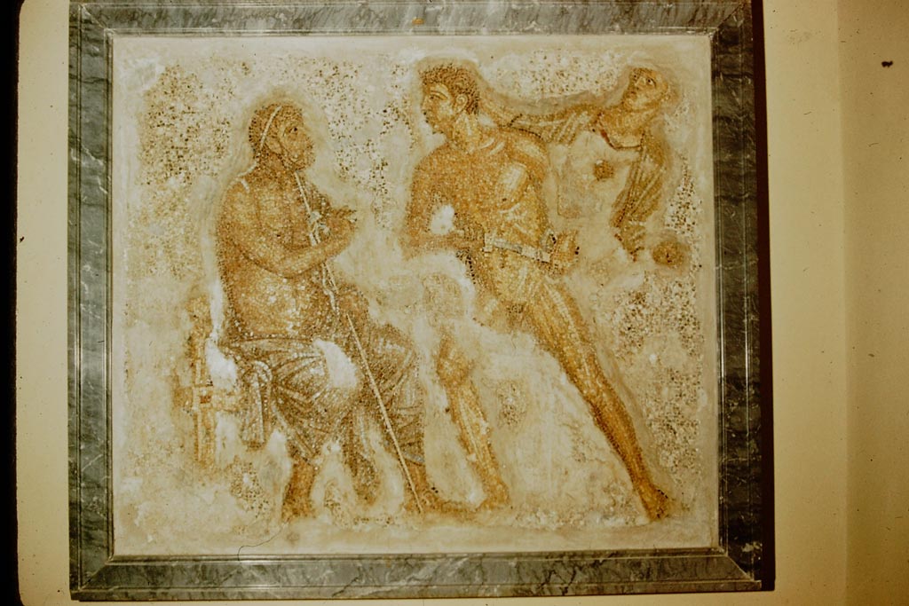 VI.7.23 Pompeii. Mosaic of Achilles confronting Agamemnon from south side of garden portico.
Now in Naples Archaeological Museum. Inventory number 10006. Photo taken by Stanley A. Jashemski in 1957.
Source: The Wilhelmina and Stanley A. Jashemski archive in the University of Maryland Library, Special Collections (See collection page) and made available under the Creative Commons Attribution-Non Commercial License v.4. See Licence and use details.
J57f0542