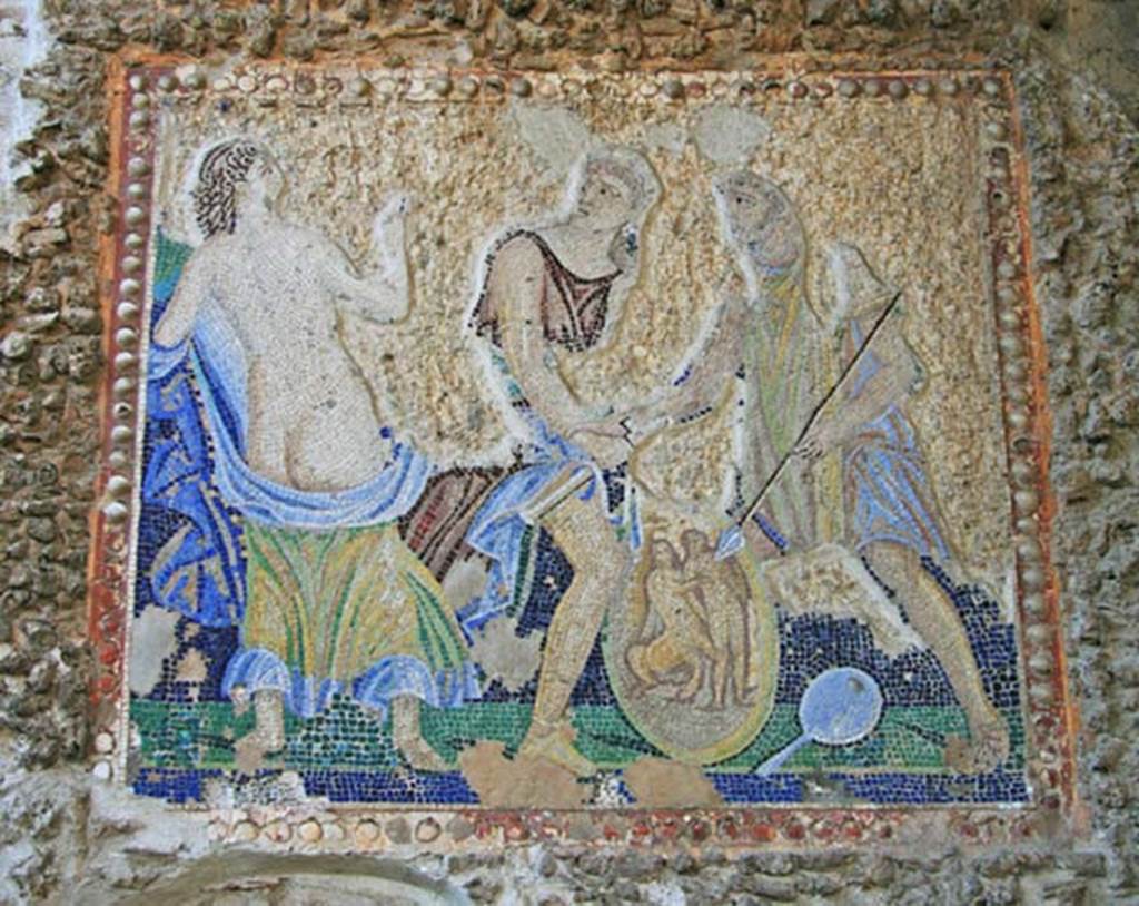 VI.7.23 Pompeii. Mosaic of Achilles recognised by Odysseus at Skyros, from exterior east wall of bedroom. Photo courtesy of Davide Peluso.