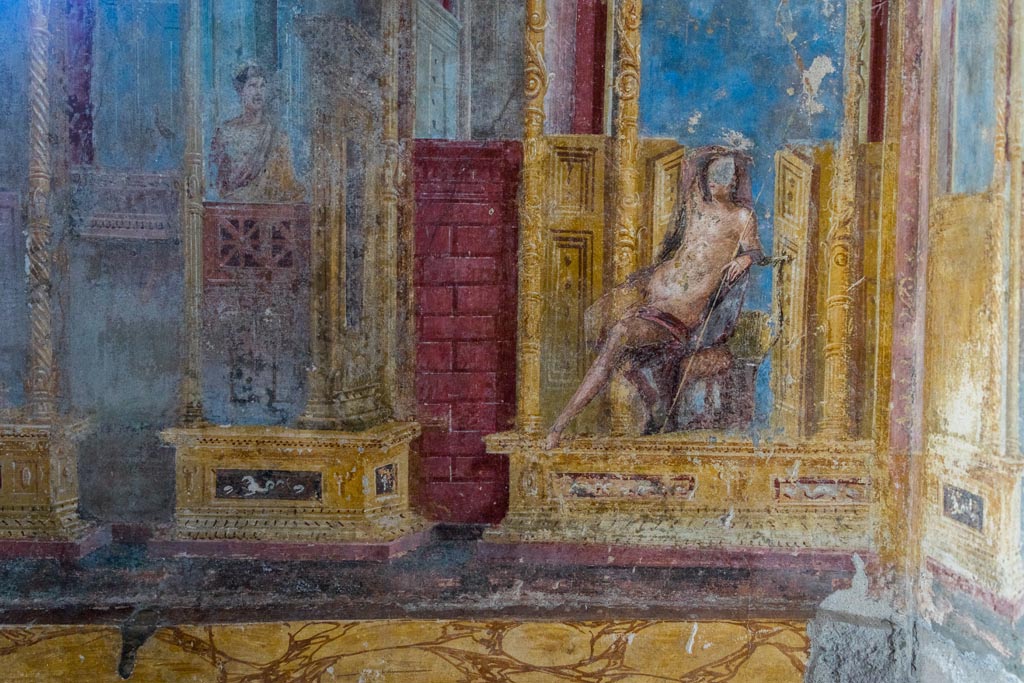 VI.7.23 Pompeii. October 2023. Cubiculum. Detail from south alcove, south wall at west end. Photo courtesy of Johannes Eber.