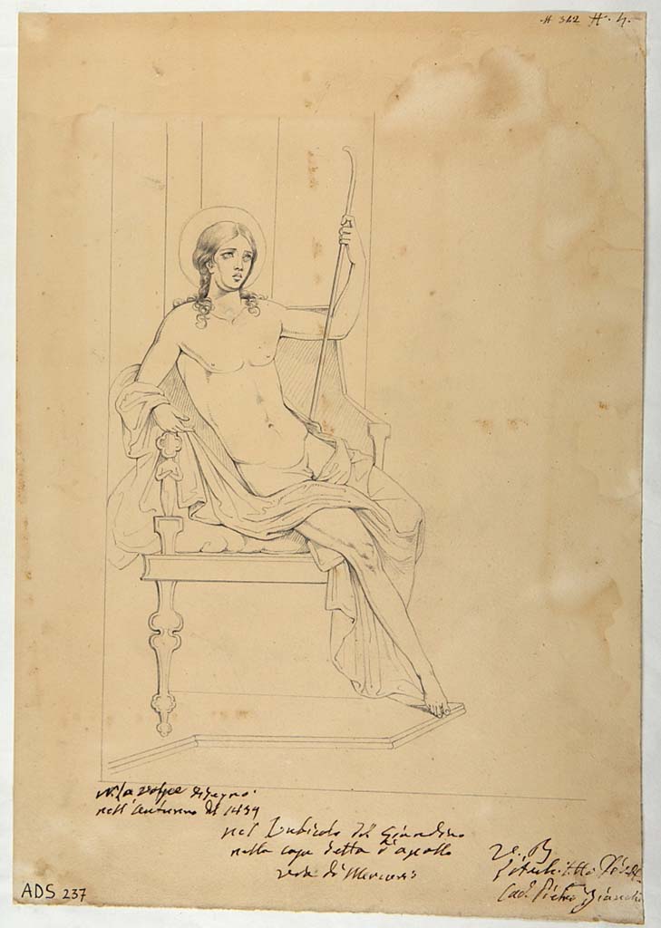 VI.7.23 Pompeii. Pen and ink drawing by N. La Volpe detail of seated figure from west wall of cubiculum.
Now in Naples Archaeological Museum. Inventory number ADS 237.
Photo © ICCD. http://www.catalogo.beniculturali.it
Utilizzabili alle condizioni della licenza Attribuzione - Non commerciale - Condividi allo stesso modo 2.5 Italia (CC BY-NC-SA 2.5 IT)