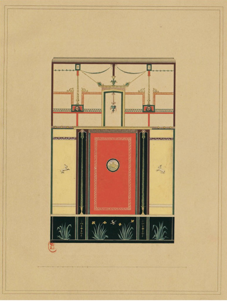 VI.8.3/5 Pompeii. c.1828. Room 16, painted decoration on north wall.
See Raoul Rochette et Bouchet J., 1828. Choix d'Edifices Inédits : Maison du Poète Tragique. Paris, pl 8. (described as wall of Tablinum)
